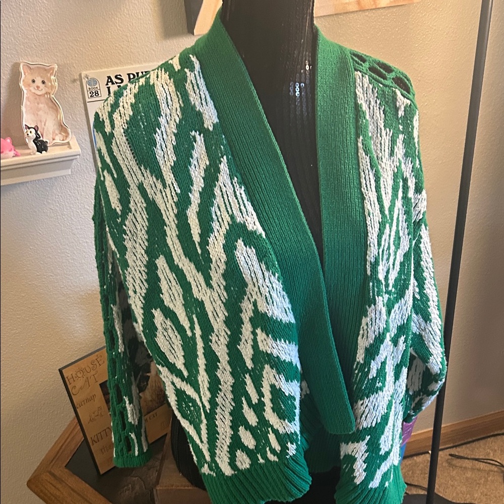 Anthropologie Green and White Patterned Open Cardigan - Picture 4 of 5